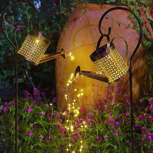 Solar Waterfall Watering Can with Garden Lights & Shepherd Hook