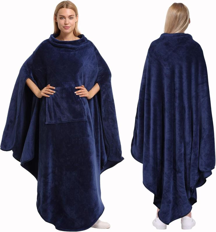  Fleece Wearable Blanket Poncho - Warm Cozy Travel Wrap Cape