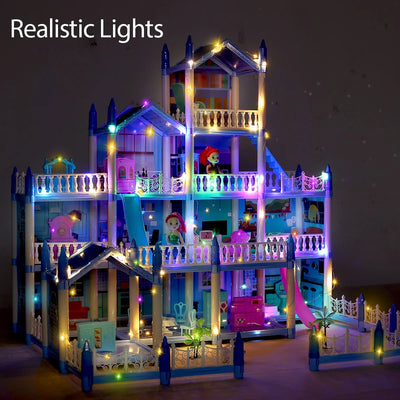 Dollhouse with Colorful Light, Pretend Play MultiRooms & 2 Dolls