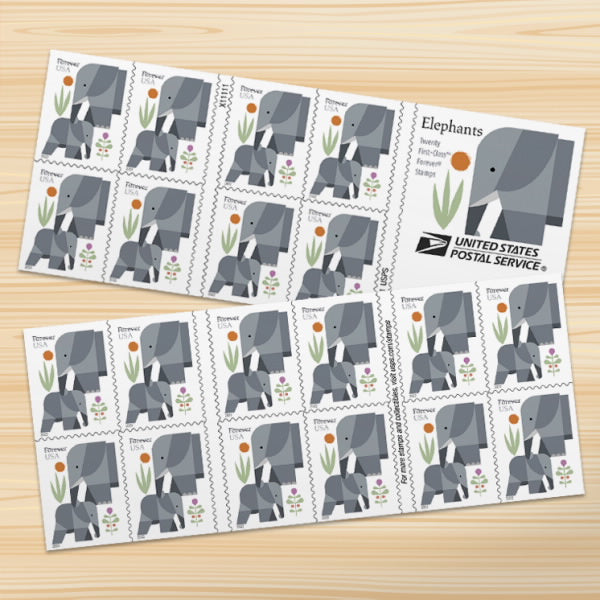 USPS Elephants 2022 Forever Stamps - Book of 20 Postage Stamps
