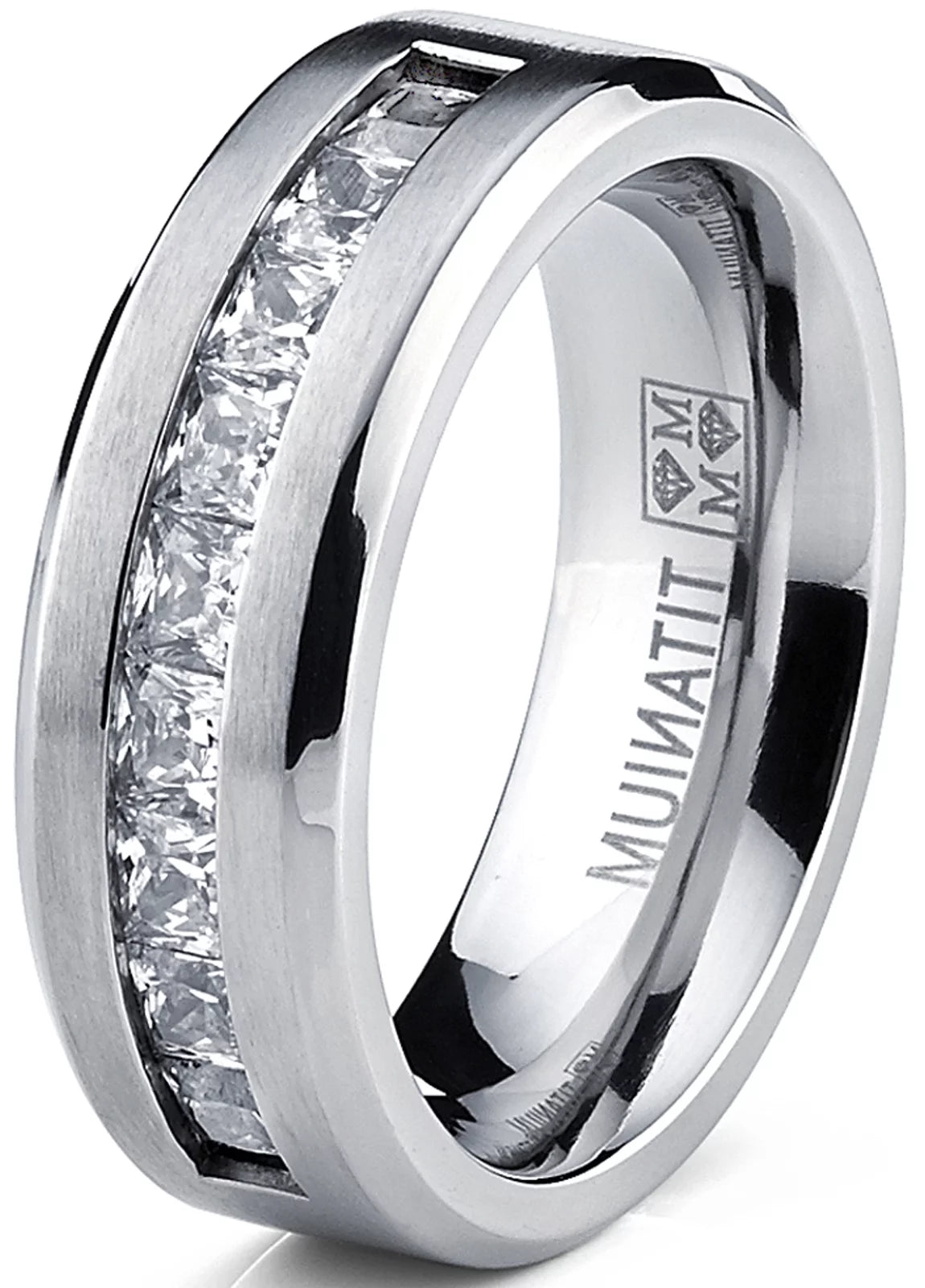 Titanium Men's .9Ct Wedding Band Engagement Ring with 9 Large Princess Cut Cubic Zirconias