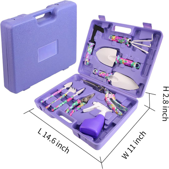 10-Piece Garden Tools Set – Hand Tools Use – Ergonomic Floral Print Trowel, Rake, Weeder, Pruner & Sprayer – Includes Carrying Case – Gardening Gift for Women & Men