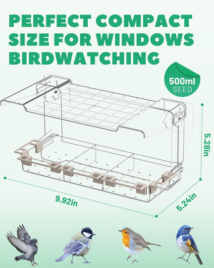 Clear Window Bird Feeder – Outdoor Bird Feeder with 5 Perching Stands, Self-Adhesive Hooks, Drain Holes & Removable Tray, Garden Decor Birdhouse
