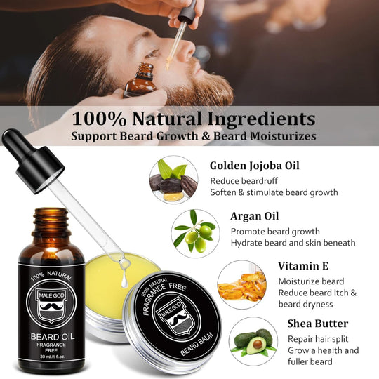 Beard Grooming Kit – Beard Oil & Balm Use – Includes Brush & Comb – Natural Ingredients Men’s Care Set – Grooming & Styling Kit for Beard Maintenance