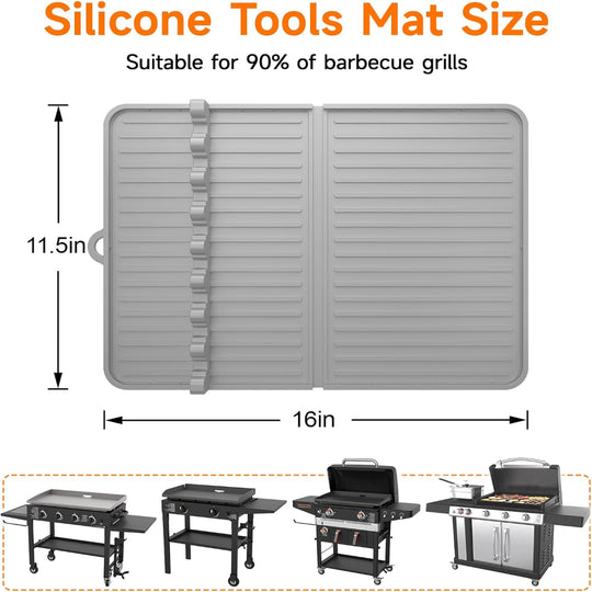 Silicone Grill Mat – Adjustable Slot Design – Griddle Tool & Drip Catch Use – Compatible with Blackstone-Style Griddles – Side Shelf Accessory Mat – Grey
