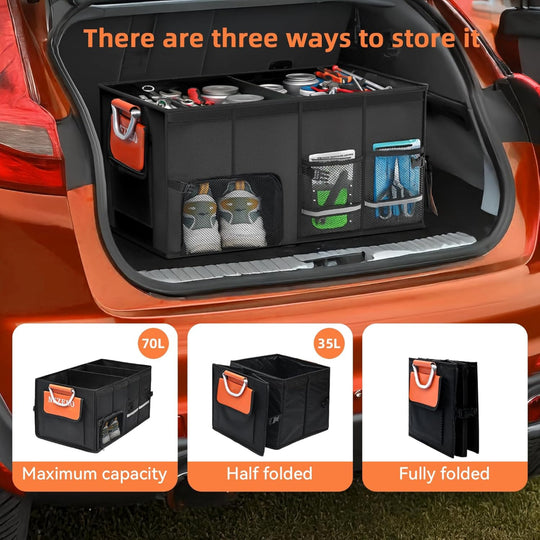 Car Trunk Organizer – Collapsible Storage with Multiple Compartments, Aluminum Alloy Handle & Lid for SUV & Truck