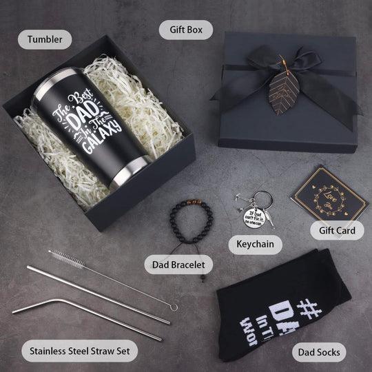8-Piece Gift Set for Dad – Tumbler, Socks, Bracelet & Accessories – Everyday Use – Includes 20oz Cup with Lid, Straw & Keychain – Assorted Gift Bundle