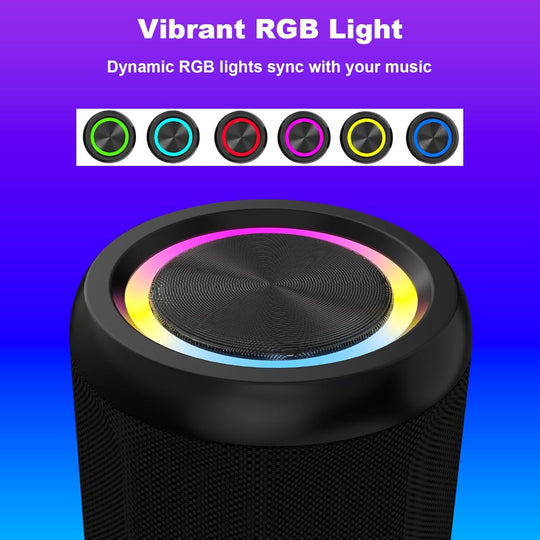Portable Bluetooth 5.4 Speaker – 6W Wireless Audio Use – IPX55 Waterproof with RGB Light – AUX & TF Card Input, TWS Stereo Pairing – Black