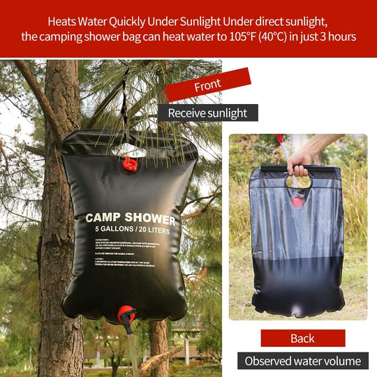 2-Pack 20L Solar Camping Shower Bags with Removable Hose for Outdoor Travel and Beach Trips