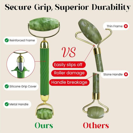 Jade Face Roller and Gua Sha Set for Facial Massage, Puffiness, and Self Care
