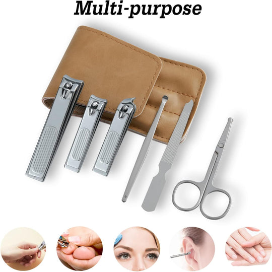 6-Piece Nail Clipper Set – Stainless Steel Fingernail & Toenail Grooming Tools – PU Leather Case Included – Manicure & Pedicure Use