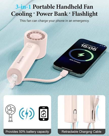 Portable Handheld Fan – 3-in-1 USB Rechargeable Use – Mini Personal Fan with Power Bank & Flashlight – High-Speed Cooling for Travel, Beach & Outdoor Use – Pink