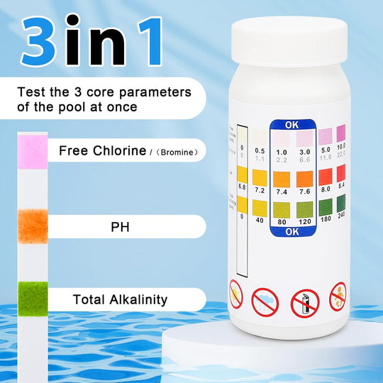 Pool Test Strips for Chlorine, pH, and Alkalinity - Hot Tub Spa Water Testing Kit