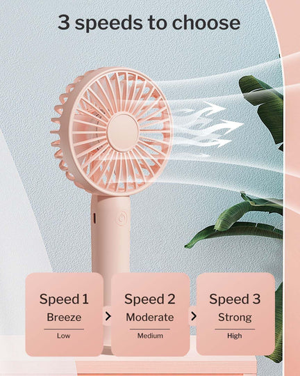 2-Pack Portable Handheld Fans – USB Rechargeable Mini Use – Ultra-Quiet with 3 Speeds & Phone Holder Base – All-Day Battery for Indoor & Outdoor – Pink