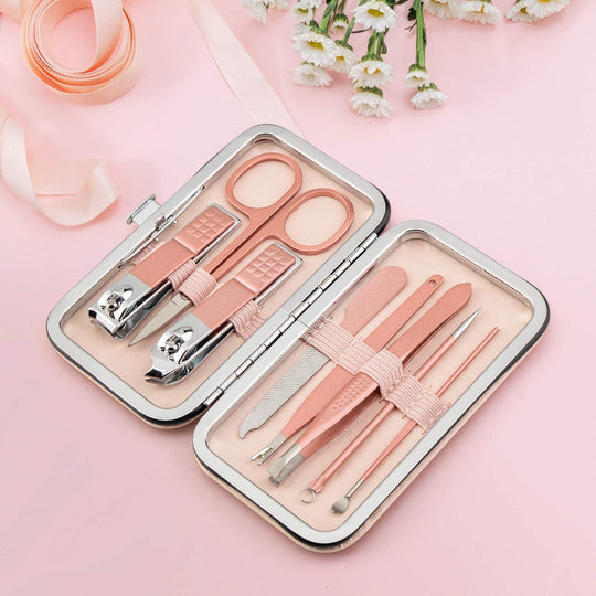 8-in-1 Manicure & Pedicure Set – Professional Stainless Steel Nail Grooming Tools – Includes Nail Scissors & Accessories – Pink Leather Travel Case