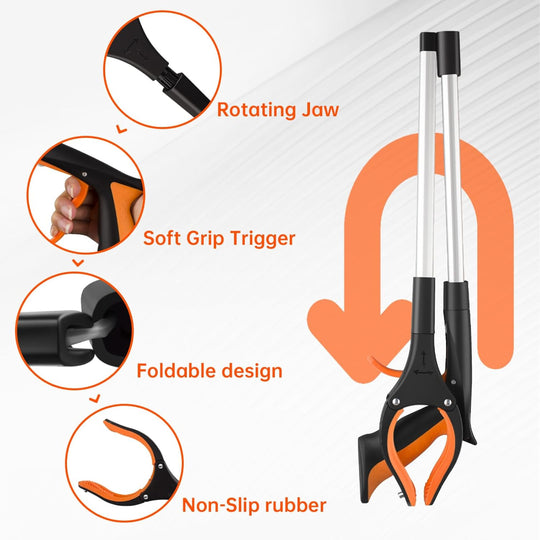 3-Pack 32" Foldable Grabber Reacher Tool – 360° Rotating Jaw with Magnetic Tip, Lightweight Pickup Tool for Trash, Garbage, Seniors & Elderly