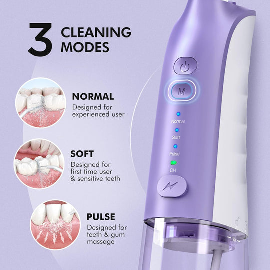 Cordless Water Flosser – 300ml Oral Irrigator – 3 Cleaning Modes with 5 Jet Tips – IPX7 Waterproof Design – Portable Teeth Cleaning for Gums & Braces – Purple