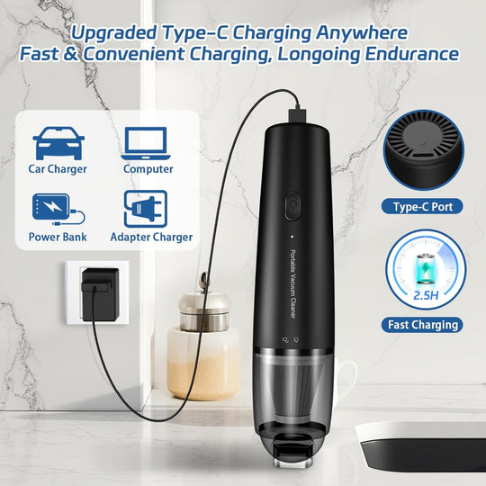Cordless Handheld Vacuum – Portable Cleaning Use – 13000Pa Suction with 2 Modes – Includes 2 HEPA Filters – Rechargeable for Car, Home, Office & Pet Hair – Black