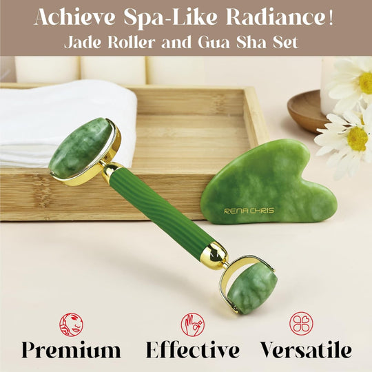 Jade Face Roller and Gua Sha Set for Facial Massage, Puffiness, and Self Care