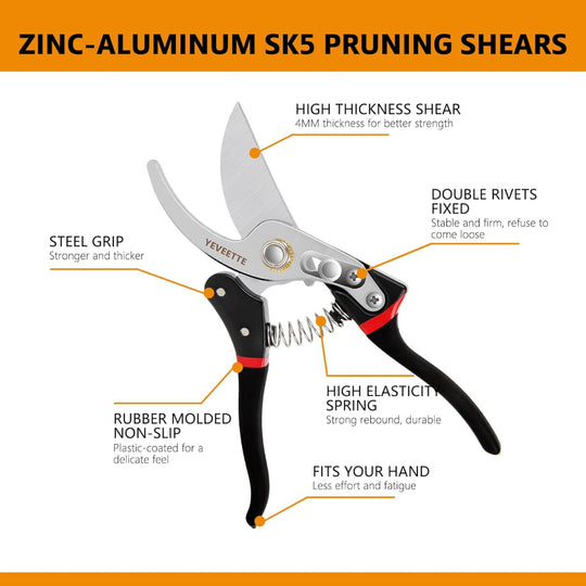 8.5" Professional Garden Pruning Shears – SK5 Steel Hedge Clippers, Heavy-Duty Handheld Garden Scissors for Yard, Roadside & Gardening