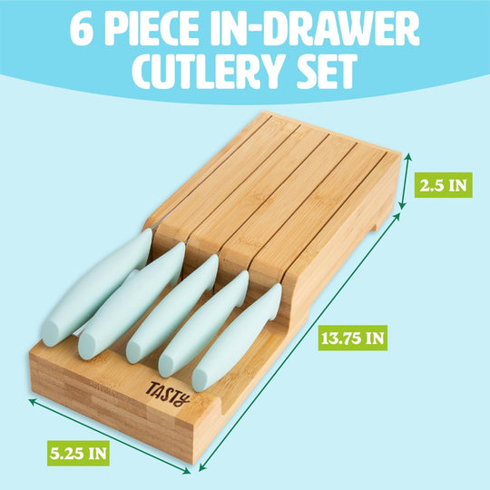6-Piece Kitchen Knife Set – Space-Saving In-Drawer Organizer – Chef, Bread, Santoku, Utility & Paring Knives, Aqua