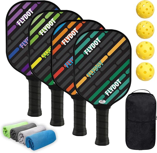 Pickleball Game Set of 4 - Balls, Carrying Bag, 4 Cooling Towels, 4 Pack Paddles