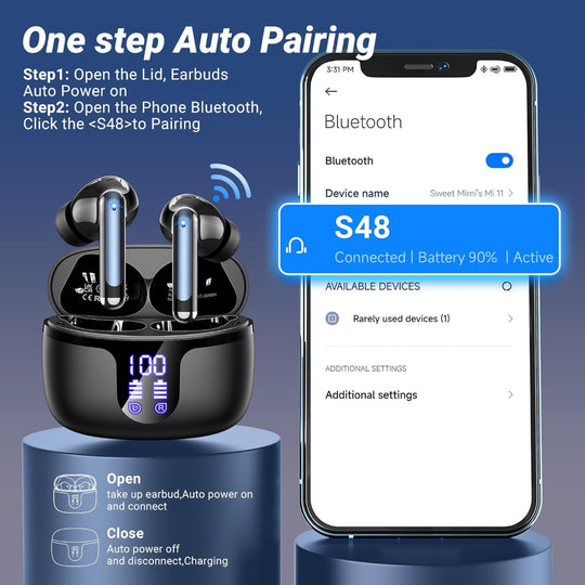 Wireless Bluetooth 5.4 Earbuds – In-Ear Use – HiFi Stereo with 4 ENC Noise-Cancelling Mics – 42H Playback, IPX7 Waterproof & LED Battery Display – Running, Fitness & Office – Black