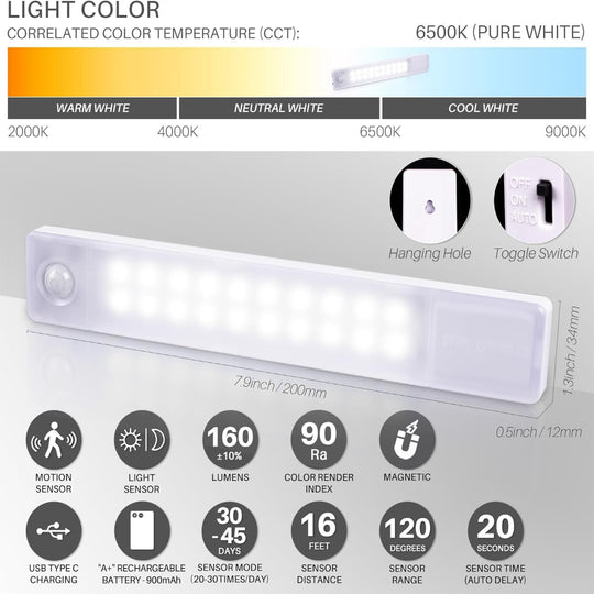 2-Pack 8in Motion Sensor Under Cabinet Lights – Rechargeable Magnetic LED Closet Lighting