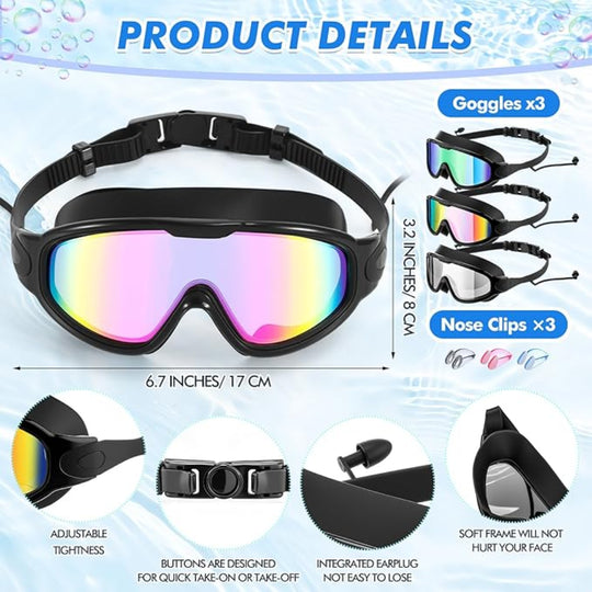 3 Pack Adult Swim Goggles - Anti Fog UV Protection Pool Goggles with Ear Plugs