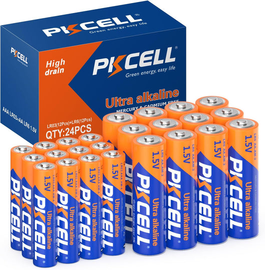 24 Piece PKCELL AA + AAA Alkaline Batteries Variety Pack