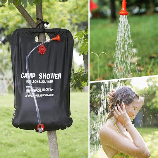 2-Pack 20L Solar Camping Shower Bags with Removable Hose for Outdoor Travel and Beach Trips