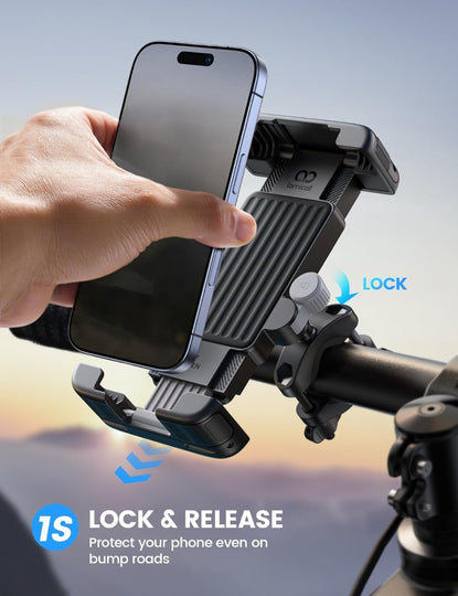 Bike & Motorcycle Phone Mount – 1s Quick Lock Cell Phone Holder for Bicycle, Scooter, Handlebar Clamp, Fits iPhone 6–17, Galaxy S24–S25, 6–7" Phones