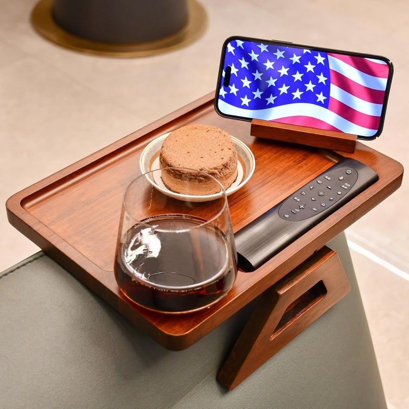 Couch Arm Tray Table with 360° Rotating Phone Holder & Bamboo Side Table