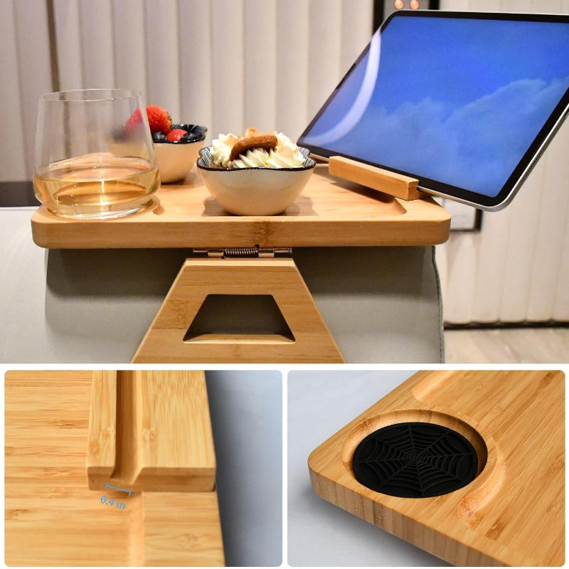 Couch Arm Tray Table with 360° Rotating Phone Holder & Bamboo Side Table