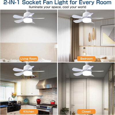 Socket Ceiling Fans with Lights and Remote- Socket Fan light with Dimmable Led Light Bulb, 3 Colors 3000K-6000K, 1000 Lumens, E26 Screw in Small Ceiling Fan for Bedroom Living Room Kitchen Garage