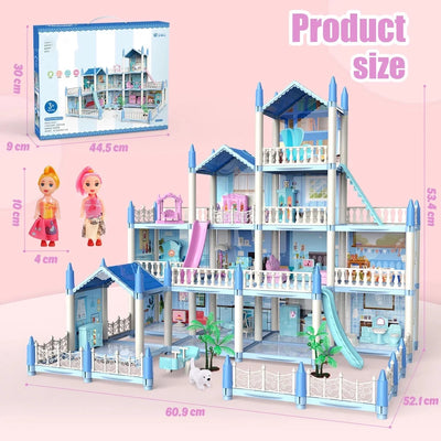 Dollhouse with Colorful Light, Pretend Play MultiRooms & 2 Dolls