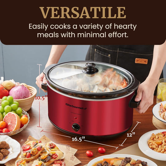 Electric Ceramic XL Slow Cooker – 8.5-Quart Use – Adjustable Temperature for Stews, Sauces & Dips – Dishwasher Safe Glass Lid & Crock – Metallic Red