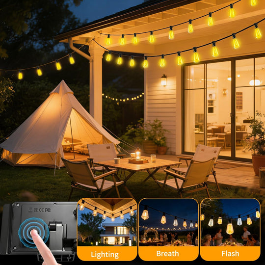 50FT Solar String Lights – Outdoor Waterproof Patio Lights with Remote Dimmable USB Recharge