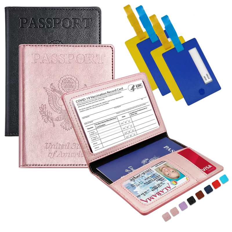  2 Pack Slim Passport Travel Wallet Plus 4 Bonus Luggage Tags, Waterproof Cover/Case Protector