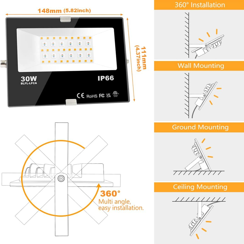 2 Pack LED Flood Lights - 300W Equivalent 3000 LM, Outdoor Color Changing Bluetooth RGBW Smart Floodlights