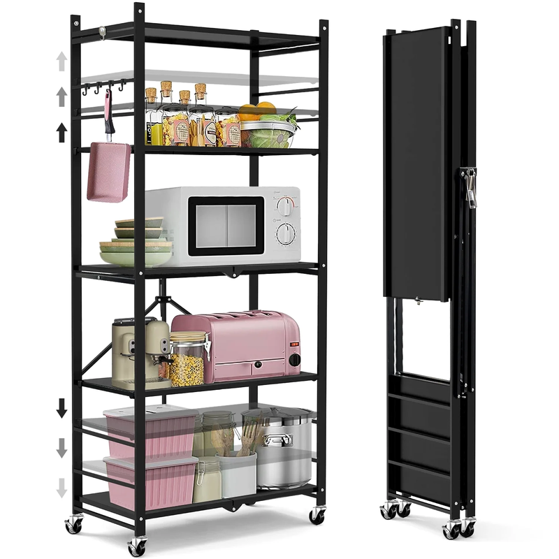 Multi-Tier Storage Shelving Unit - Metal Shelf, Adjustable Height, Foldable Storage Shelf with Wheels