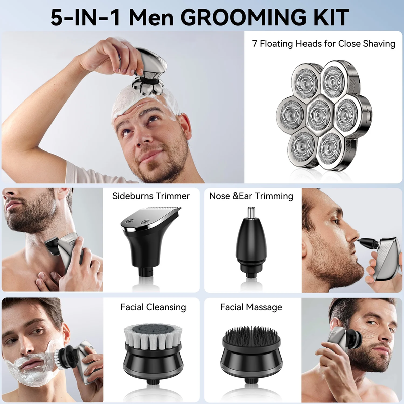 7 in 1 Electric Head Shaver for Men, Cordless Razor IPX7 Waterproof Beard Trimmer USB Rechargeable