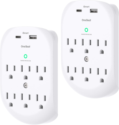 2 Pack Surge Protector Outlet, Multi Plug Outlet Adapter with 6 Wall Outlets 2 USB Wall Charger (1 USB C Port)