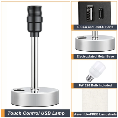 3 Way Dimmable Touch Lamp, USB C&A Fast Charging Ports