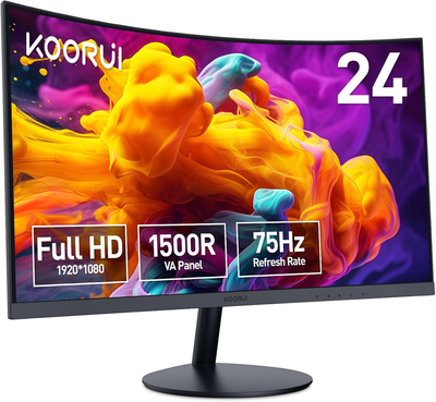 24 inch Full HD 1080P Curved Computer Monitor, 1500R Monitor, HDMI VGA, Tilt Adjustment, LCD Monitor, Eye Care