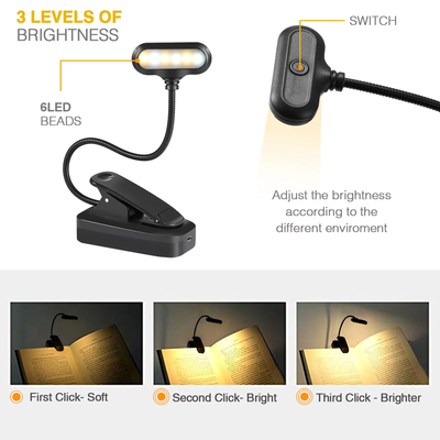 2 Pack Rechargeable Clip On Lightweight Book Lights - 6 LED, 3 Brightness Levels & 3 Color Temperatures