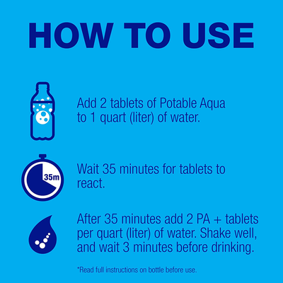 Potable Aqua Water Purification Tablets With PA Plus - Two 50 count Bottles
