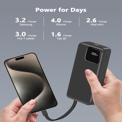 20000mAh Power Bank with 2 Built-in Cables, 22.5W Fast Charging with Screen, Portable Charger