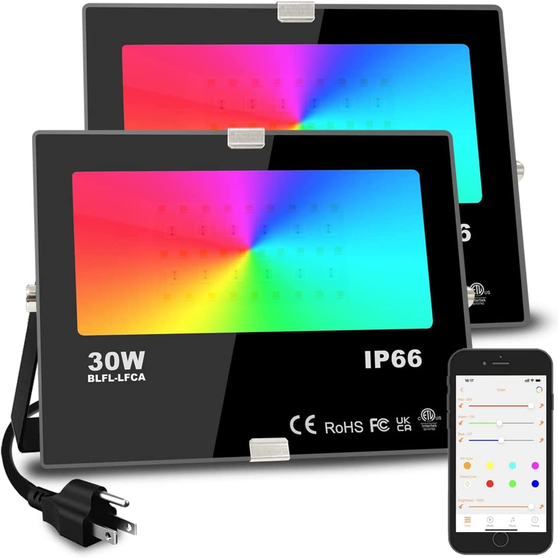 2 Pack LED Flood Lights - 300W Equivalent 3000 LM, Outdoor Color Changing Bluetooth RGBW Smart Floodlights