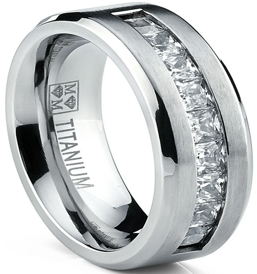 Titanium Men's .9 Ct Wedding Band with 9 Large Princess Cut Cubic Zirconias